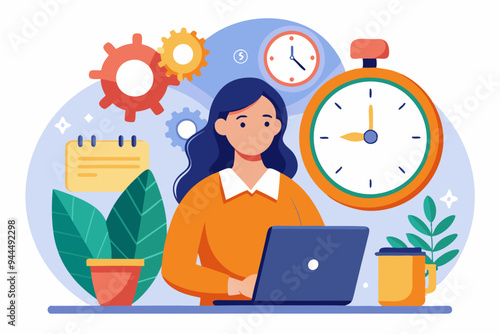 Part-time job, work tracking system, day planning or time management, side hustle or office work deadline, start and end time schedule concept, businesswoman working with laptop on split time clock. 
