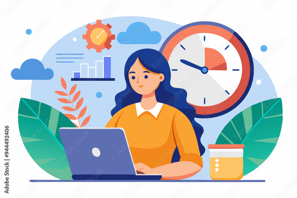 Part-time job, work tracking system, day planning or time management, side hustle or office work deadline, start and end time schedule concept, businesswoman working with laptop on split time clock.
Part-time job, work tracking system, day planning or time management, side hustle or office work deadline, start and end time schedule concept, businesswoman working with laptop on split time clock.