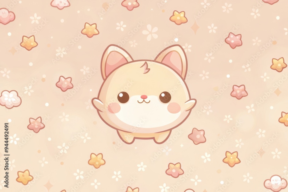 A charming pastel illustration of a cute fluffy creature surrounded by colorful flowers and delicate stars, creating a whimsical and enchanting atmosphere. Generative AI A charming pastel illustration of a cute fluffy creature surrounded by colorful flowers and delicate stars, creating a whimsical and enchanting atmosphere. Generative AI