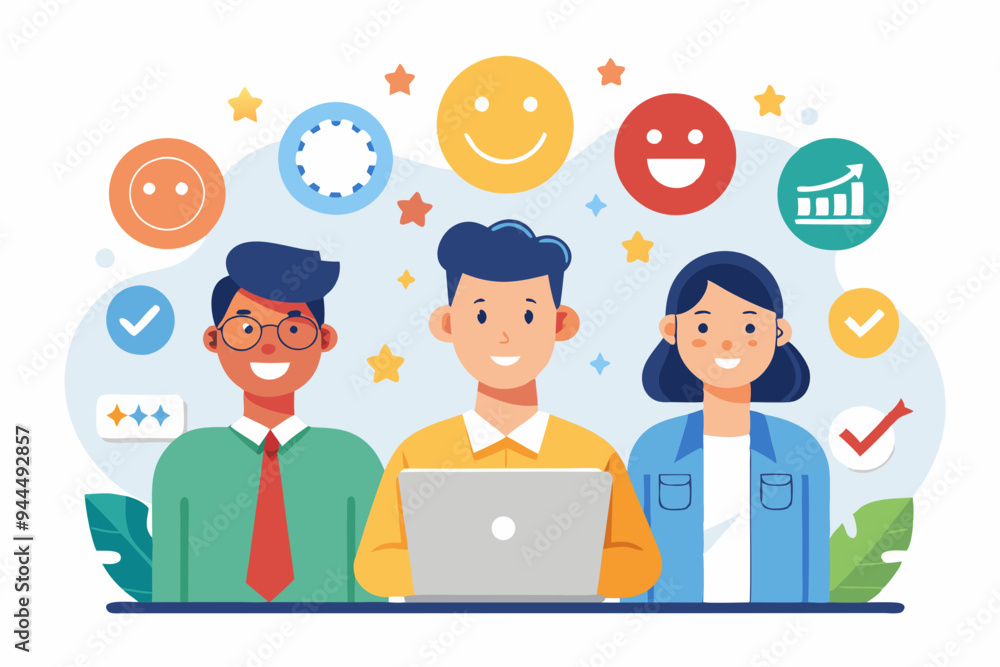 Employee satisfaction, workplace happiness or success team motivation, employee engagement or participation, feedback or company survey rating concept, business people employee with smile happy face.
Employee satisfaction, workplace happiness or success team motivation, employee engagement or participation, feedback or company survey rating concept, business people employee with smile happy face.
