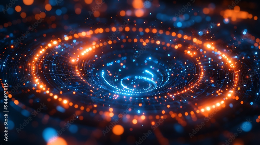  Abstract technology background with geometric circles and dots, simple vector illustration of abstract shapes in orange on a dark blue background design 