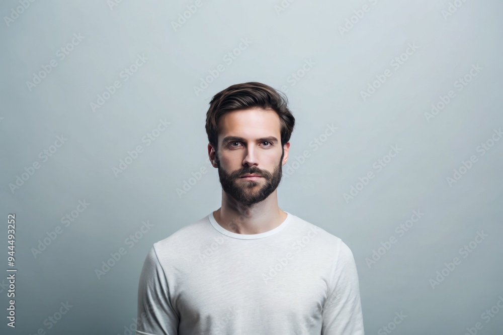 Obraz premium A young man with a thoughtful expression stands confidently against a light gray background, his casual white shirt accentuating his striking features and deep gaze. Generative AI