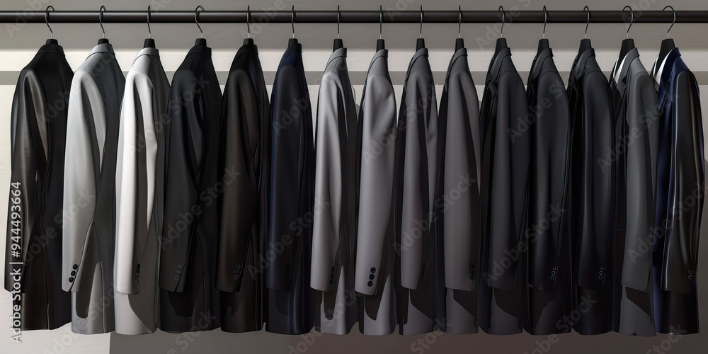 A row of sleek, shiny suits hanging in an executive's closet, each garment symbolizing the importance of appearance and professionalism in the workplace. A row of sleek, shiny suits hanging in an executive's closet, each garment symbolizing the importance of appearance and professionalism in the workplace.