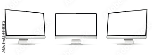 Realistic mockup computer. Screen monitor display on three sides with blank screen