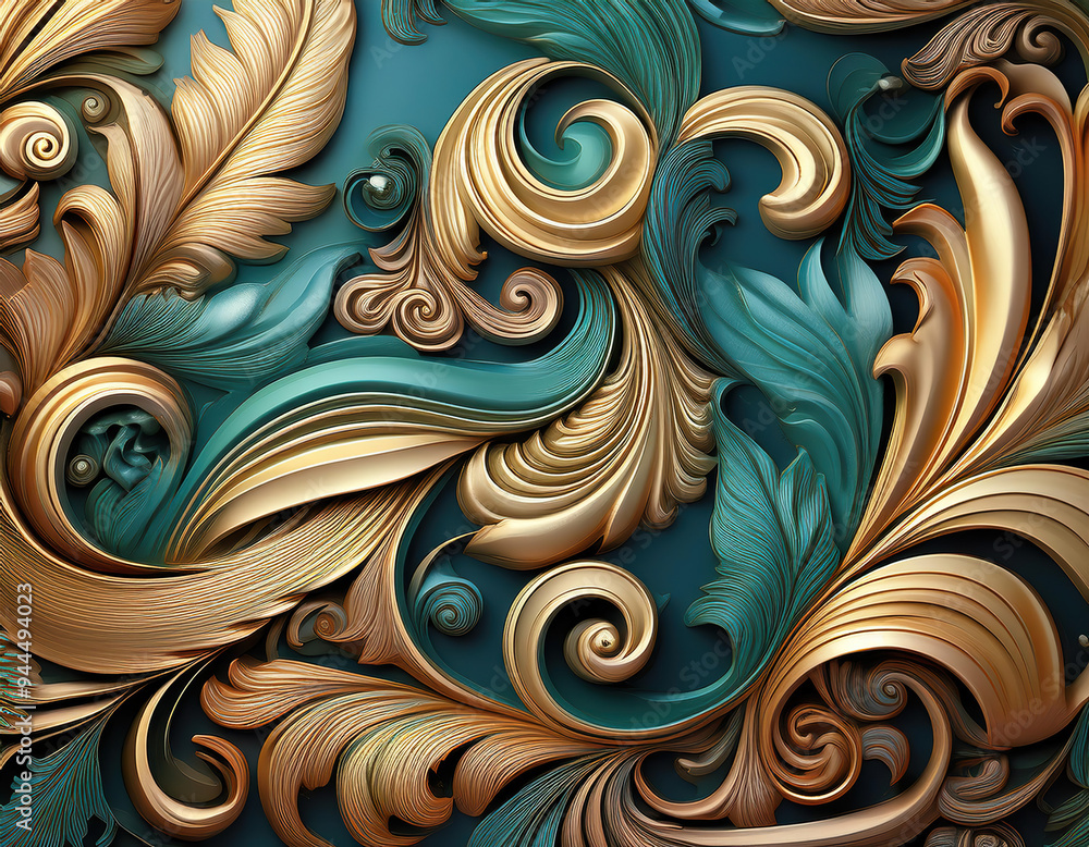 The artwork features a detailed scroll pattern with flowing leaves and vines in rich blue and gold hues, creating a sense of depth and sophistication for interior design. The artwork features a detailed scroll pattern with flowing leaves and vines in rich blue and gold hues, creating a sense of depth and sophistication for interior design.