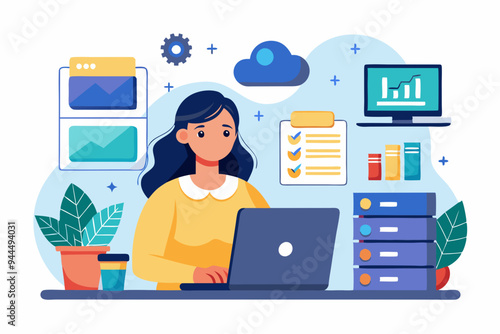 Database system, data network management, security or search, cloud computing technology or file document archive, database administration concept, woman working with computer laptop on database.
