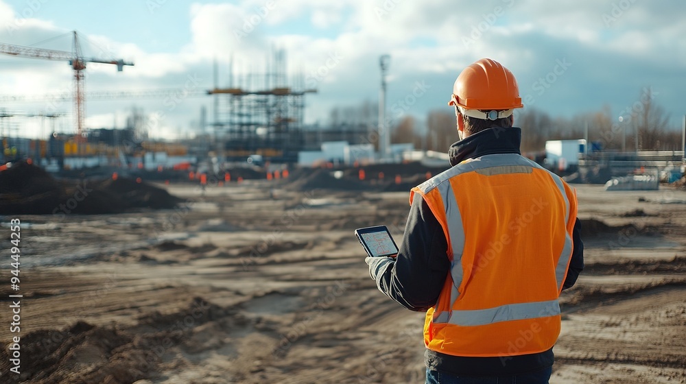 A site surveyor with a GPS device marking survey points on a large construction site A site surveyor with a GPS device marking survey points on a large construction site