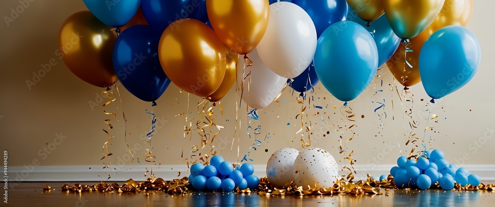 Fototapeta premium świąteczna, celebracyjna, balony, konfetti, jasnoniebieski, efekt bokeh radosna atmosfera, metaliczne odcienie, niebieski, złoty, biały, światło, festywny nastrój, centralna pusta przestrzeń, party, c