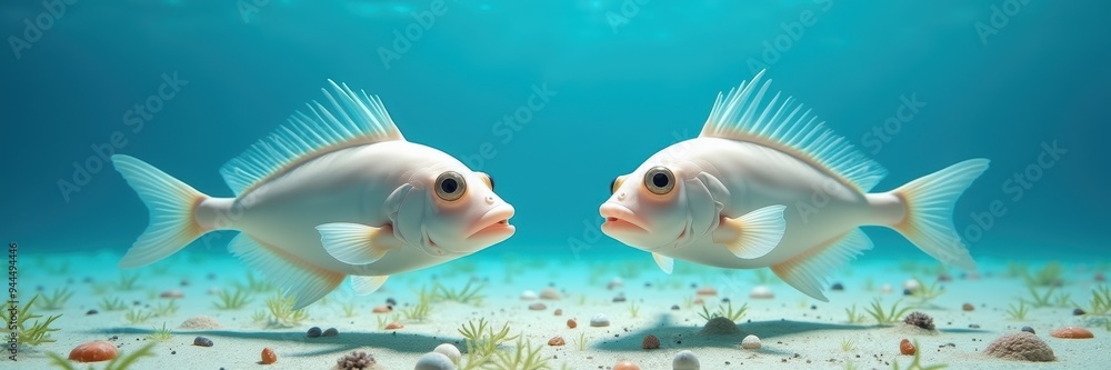 Two vibrant fish swim gracefully underwater, showcasing the beauty of marine life in a serene ocean environment. Two vibrant fish swim gracefully underwater, showcasing the beauty of marine life in a serene ocean environment.