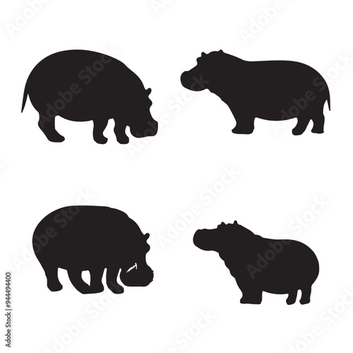 black silhouette hippopotamus vector set photo