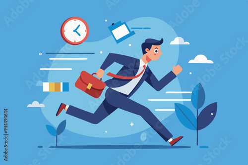 Late, hurry to go to work, rushing or running fast before deadline, speed or busy job, pressure or challenge to finish work in time, urgency concept, frustrated businessman hurry running to work late.