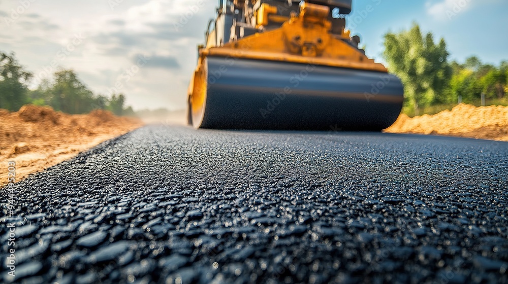 A steamroller flattening fresh asphalt on a newly constructed road A steamroller flattening fresh asphalt on a newly constructed road