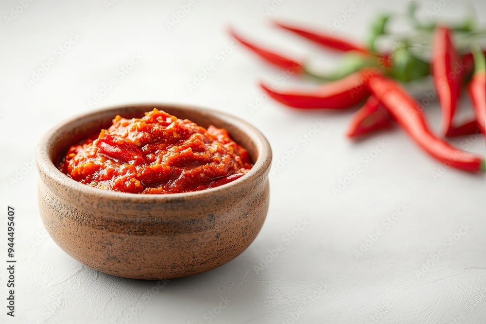 Bowl with red moroccan harissa and fresh red chili peppers on white background. Close up with copy space Bowl with red moroccan harissa and fresh red chili peppers on white background. Close up with copy space
