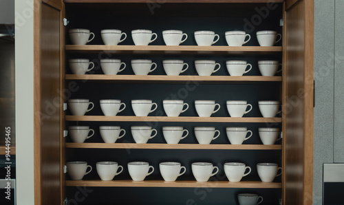 Wallpaper Mural A cabinet with four shelves holds a collection of white coffee cups Torontodigital.ca