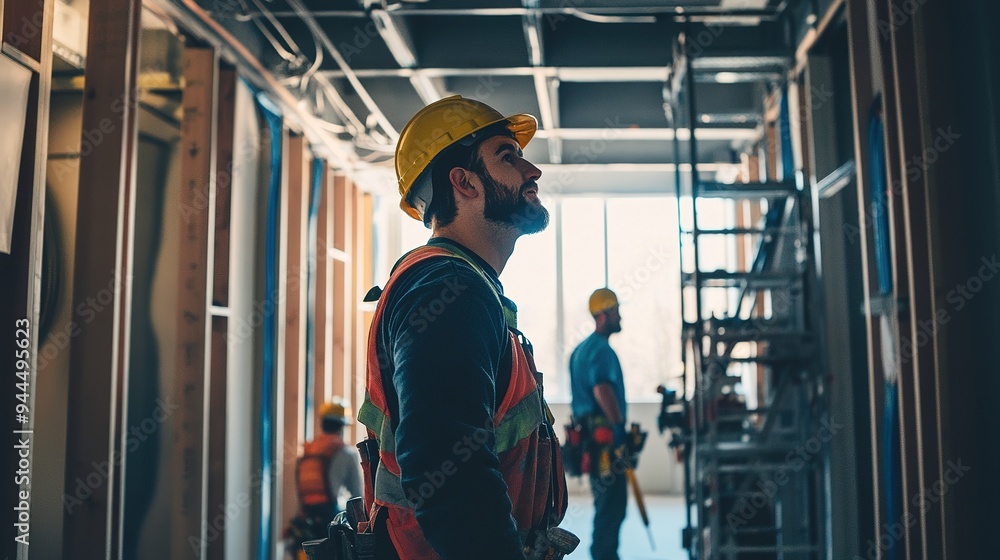 A team of builders installing low-flow plumbing fixtures and energy-efficient lighting in a LEED-certified building A team of builders installing low-flow plumbing fixtures and energy-efficient lighting in a LEED-certified building
