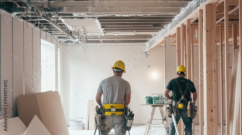 A team of builders installing low-flow plumbing fixtures and energy-efficient lighting in a LEED-certified building photo