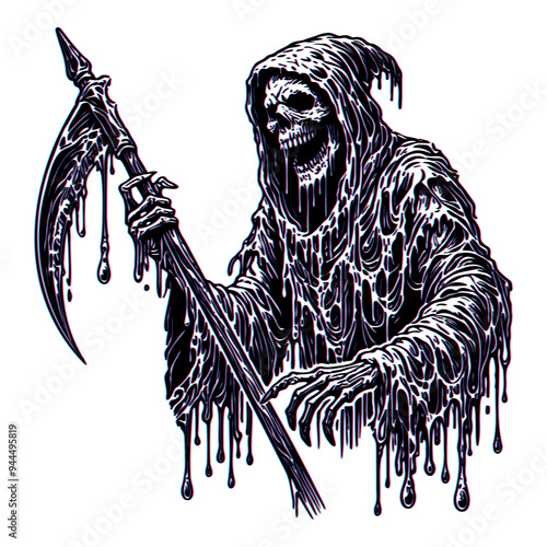 Line art illustration of terrifying Grim Reaper with melting, dripping scythe. Bold black Reaper logo. 3D glass effect. Detailed surreal horror artwork for tattoos. Halloween digital vector art	