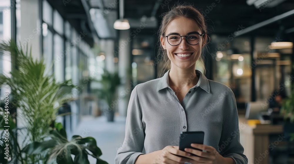 Young professional smiling while holding a smartphone in a modern office environment surrounded by greenery during daytime Young professional smiling while holding a smartphone in a modern office environment surrounded by greenery during daytime