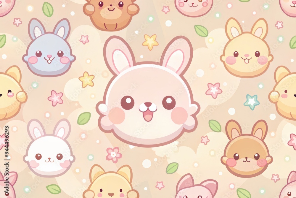 Fototapeta premium Whimsical collection of adorable bunny faces surrounded by pastel stars and leaves, creating a cheerful atmosphere perfect for children's decor. Generative AI