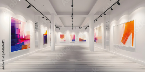 A modern art gallery, with white walls and track lighting, highlighting abstract paintings that add a pop of color to the space. photo