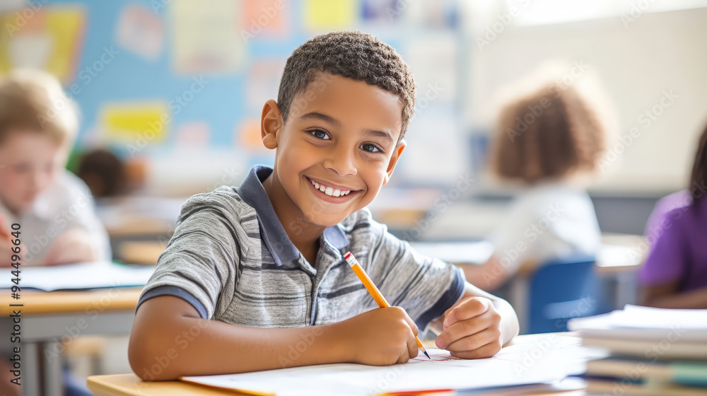 Happy Young Student Writing in Classroom with Bright Smile Happy Young Student Writing in Classroom with Bright Smile