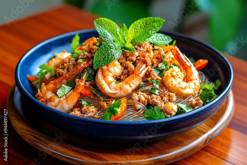 A vibrant dish of Yum Woon Sen, a spicy glass noodle salad with shrimp, ground pork, and fresh herbs