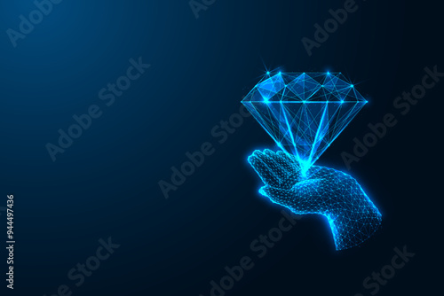 Business values abstract concept with hand holding diamond on dark blue background.