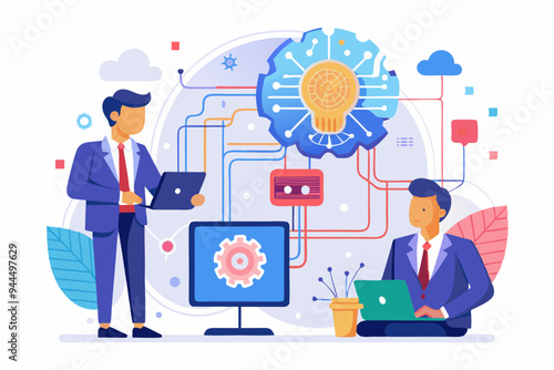 Businessman Integrating Human Brain with AI Processing Unit, Collaborative Innovation Concept in Neural Network Technology and Machine Learning.