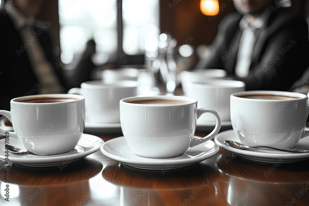 Individuals gather around a wooden table with multiple coffee cups, engaged in conversation during a meeting. Generative AI Individuals gather around a wooden table with multiple coffee cups, engaged in conversation during a meeting. Generative AI