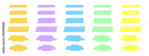 Set of colorful highlight marker lines. Different transparent freehand brush underlines for important text selection isolated on white background. Vector realistic illustration.