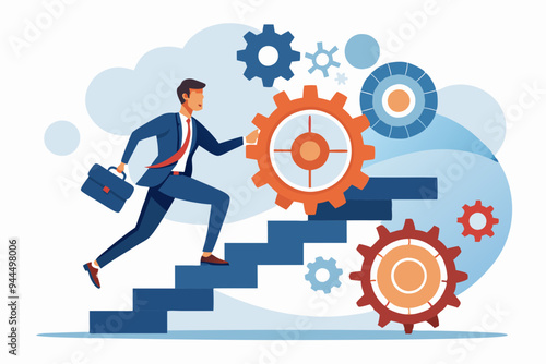 Best practices development, strategy to success or improvement, planning, progress or implementation process, efficiency or productivity concept, businessman running up stair on cogwheel gears system
