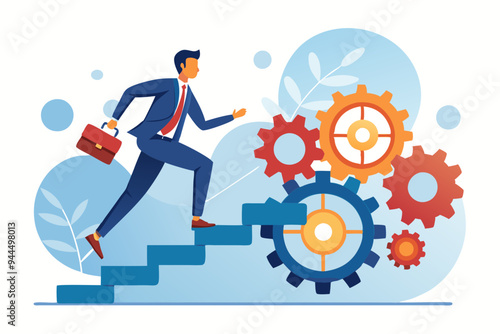 Best practices development, strategy to success or improvement, planning, progress or implementation process, efficiency or productivity concept, businessman running up stair on cogwheel gears system

