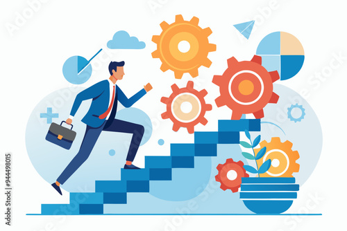 Best practices development, strategy to success or improvement, planning, progress or implementation process, efficiency or productivity concept, businessman running up stair on cogwheel gears system
