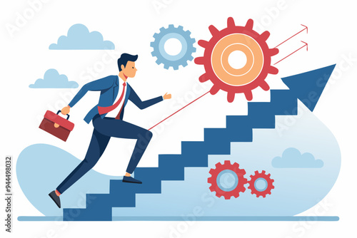 Best practices development, strategy to success or improvement, planning, progress or implementation process, efficiency or productivity concept, businessman running up stair on cogwheel gears system
