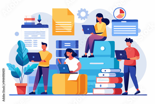 Document, content or research paper, documentation file folder storage, report or paperwork, search or file archive, office contract concept, business people working with paper document file folder.
