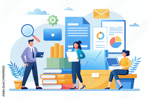 Document, content or research paper, documentation file folder storage, report or paperwork, search or file archive, office contract concept, business people working with paper document file folder.
