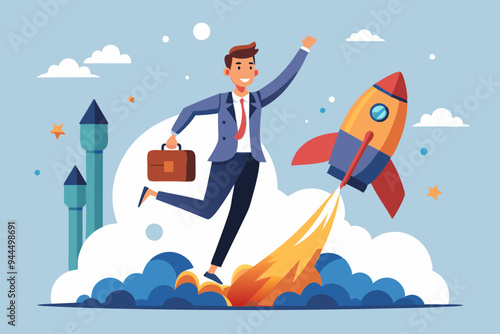 Solopreneur solo entrepreneur, working alone or startup business owner, founder or entrepreneurship, independent developer, freelancer concept, businessman entrepreneur launching company rocket alone.