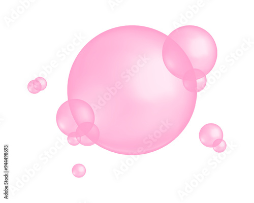 Transparent pink balls isolated on white background. Glycerin, hyaluron, glutathione or collagen oil drops. Strawberry bubblegums. Sweet fizzy carbonated drink bubbles. Vector realistic illustration.