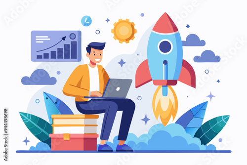 Solopreneur solo entrepreneur, working alone or startup business owner, founder or entrepreneurship, independent developer, freelancer concept, businessman entrepreneur launching company rocket alone.