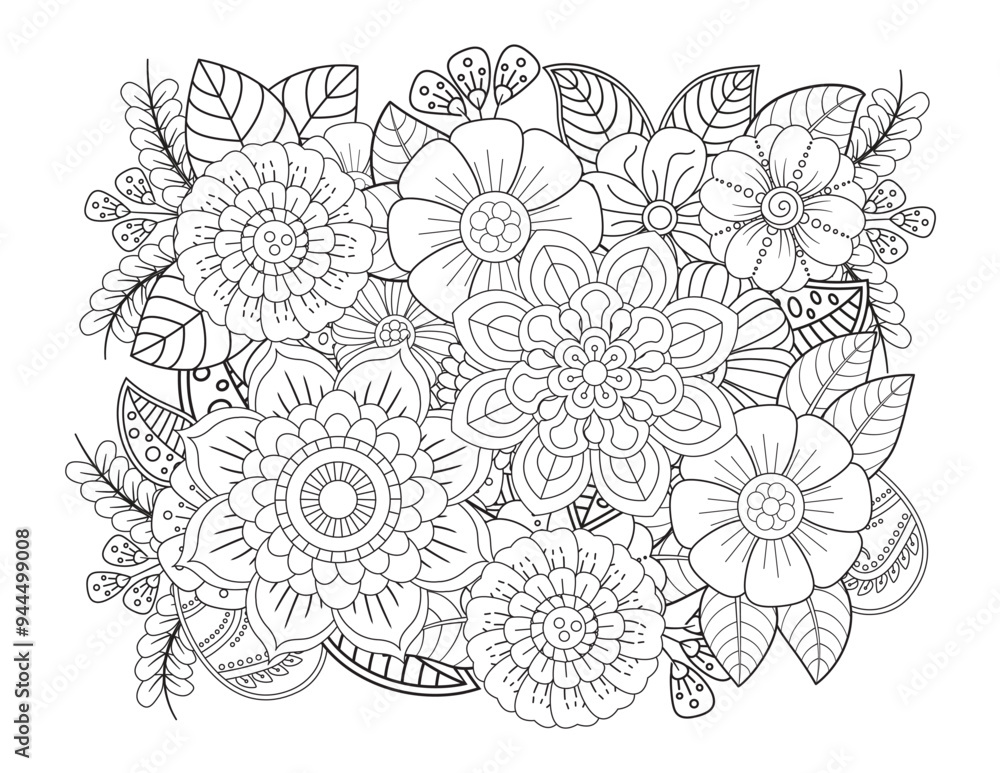Floral picture in black and white for adult coloring books. Coloring page of monochrome flowers and leafs. Doodles pattern, Page for coloring book. Outline flowers. Doodles in black and white Floral picture in black and white for adult coloring books. Coloring page of monochrome flowers and leafs. Doodles pattern, Page for coloring book. Outline flowers. Doodles in black and white