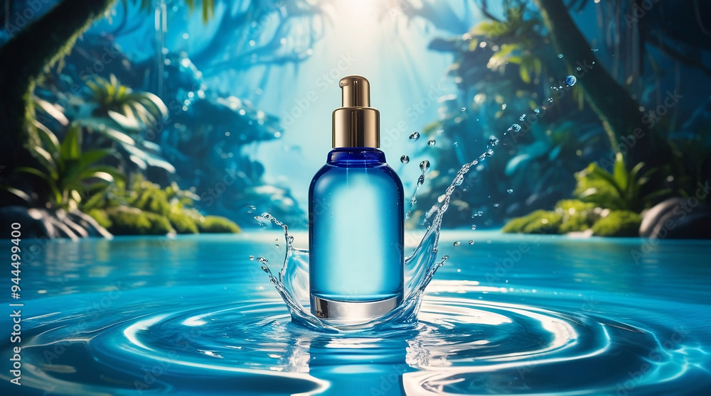 Obraz premium Skincare serum bottle set against a lush jungle backdrop with vivid blue lagoon and water droplets.