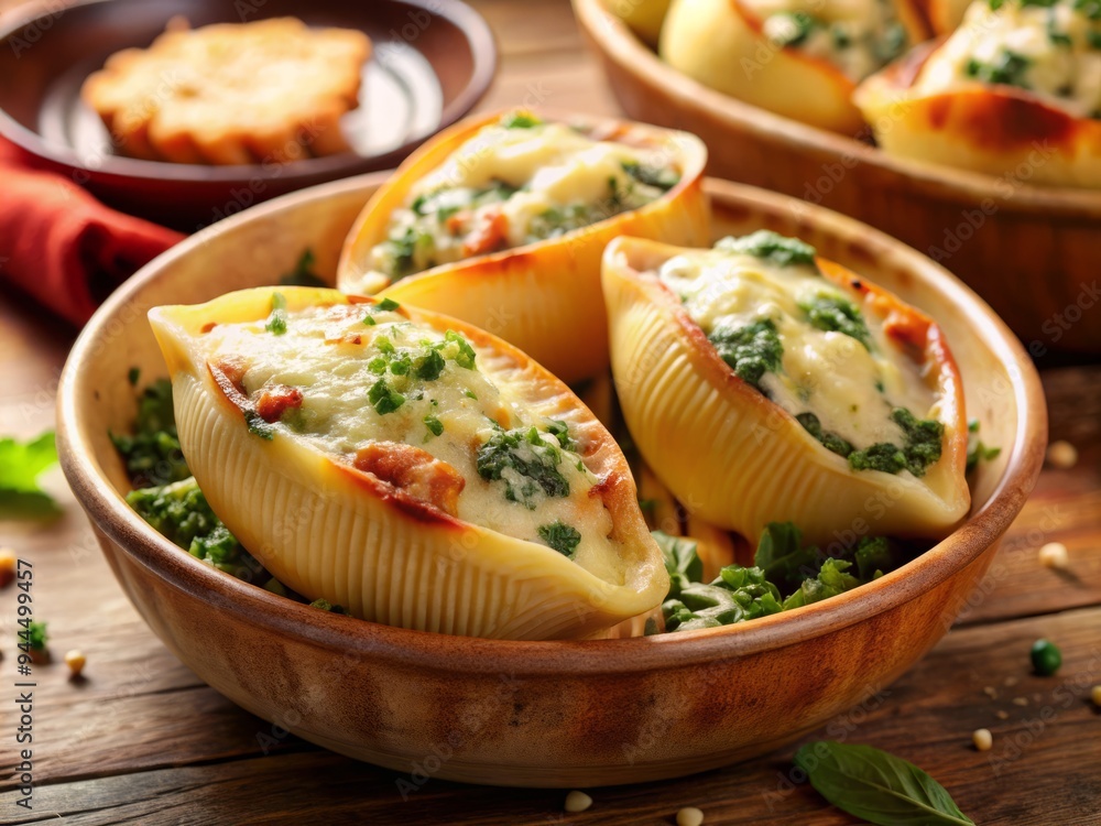A golden-brown baked stuffed shell, showcasing the creamy ricotta and spinach filling, topped with a slice of melted parmesan cheese A golden-brown baked stuffed shell, showcasing the creamy ricotta and spinach filling, topped with a slice of melted parmesan cheese