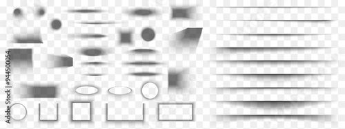 Set of different shadow effects for mockups. Realistic soft grey shapes. Divider lines, square and rectangle, round and oval shades isolated on transparent background. Vector realistic illustration.