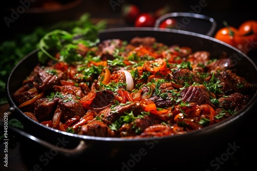 Close up beautifully cooked meat, appetizing look, hot seasoning: spices: onions and chopped tomatoes.