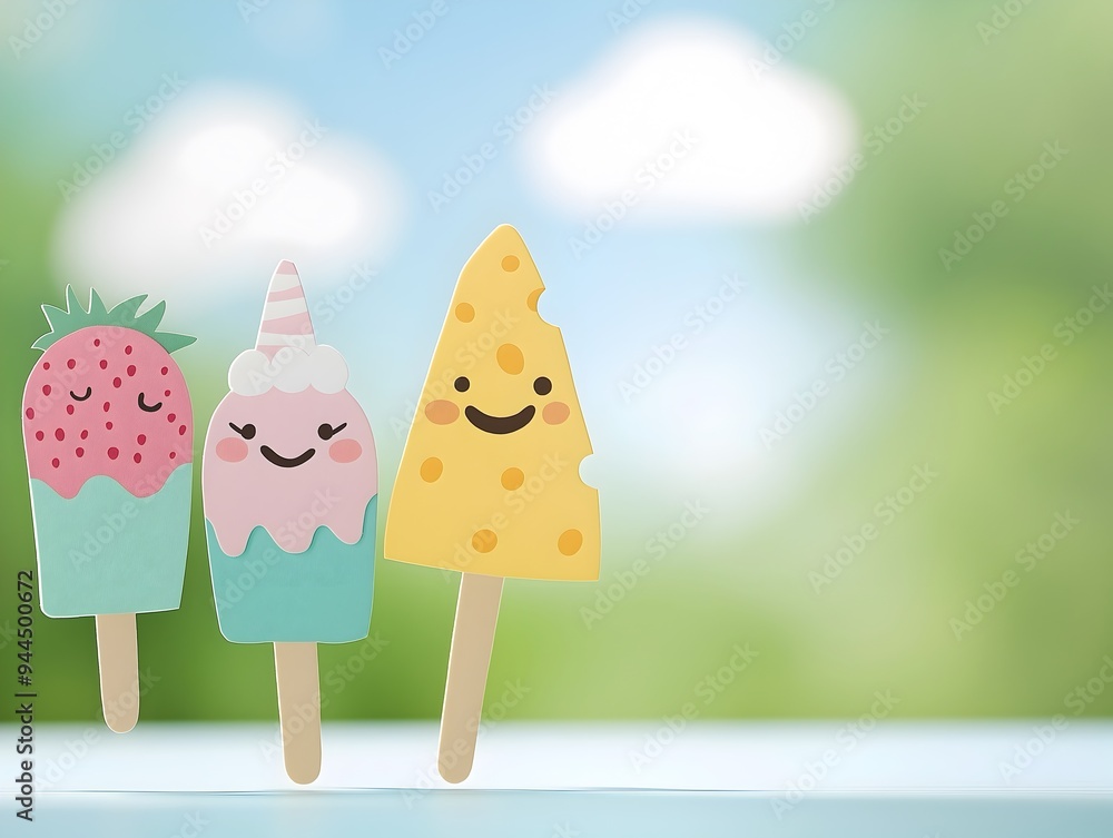 Whimsical illustration of smiling popsicles and cheese on a stick against a blurred sunny background. Playful and cheerful summer-themed scene.
Whimsical illustration of smiling popsicles and cheese on a stick against a blurred sunny background. Playful and cheerful summer-themed scene.
