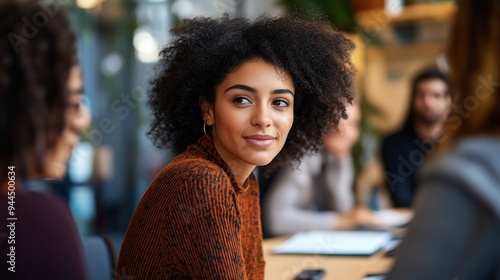 Young woman engaged in discussion with colleagues during an afternoon meeting in a modern office setting, showcasing collaboration and teamwork