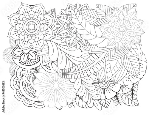 Wallpaper Mural  Floral picture in black and white for adult coloring books. Coloring page of monochrome flowers and leafs. Doodles pattern, Page for coloring book. Outline flowers. Doodles in black and white Torontodigital.ca