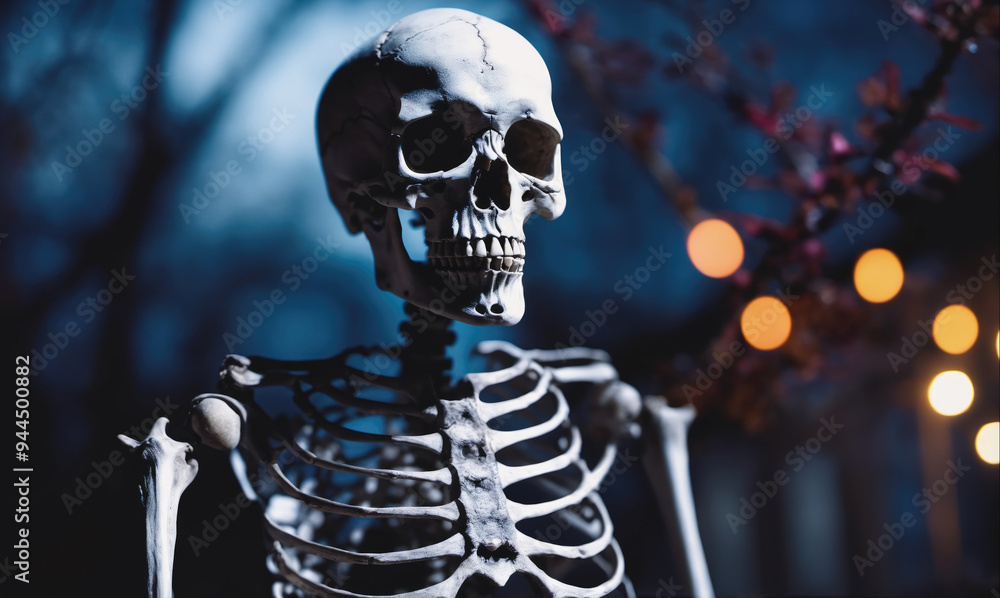 Fototapeta premium A plastic skeleton stands in front of a blue background with out-of-focus lights