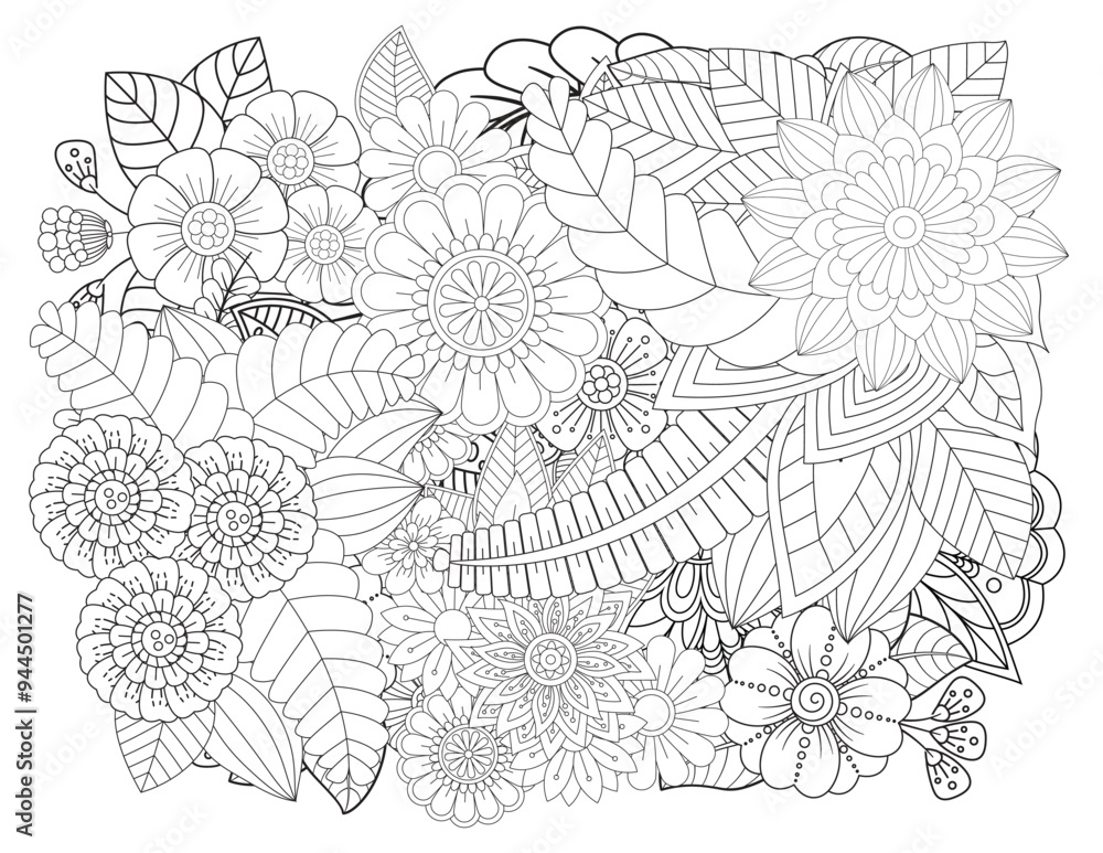 Floral picture in black and white for adult coloring books. Coloring page of monochrome flowers and leafs. Doodles pattern, Page for coloring book. Outline flowers. Doodles in black and white Floral picture in black and white for adult coloring books. Coloring page of monochrome flowers and leafs. Doodles pattern, Page for coloring book. Outline flowers. Doodles in black and white