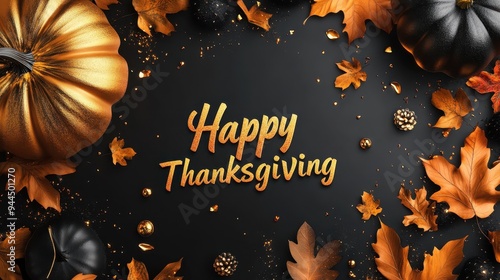 A festive Thanksgiving illustration featuring golden pumpkins, black gourds, autumn leaves, and decorative elements on a dark background during the fall season. Generative AI